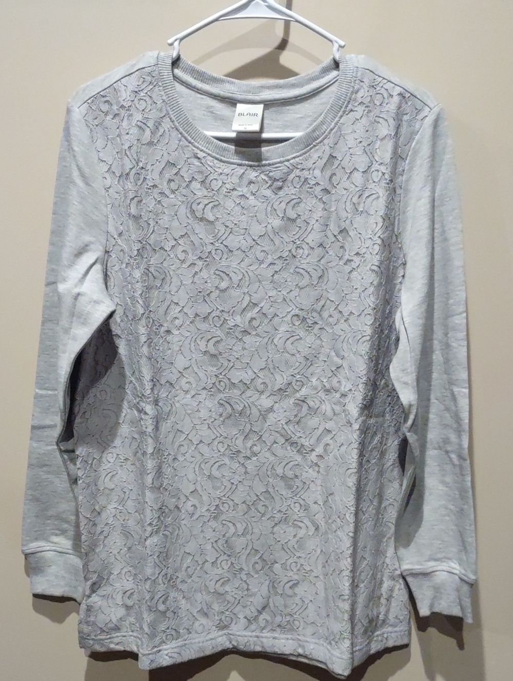 Gray Lace Front Long Sleeve Jersey Top, M